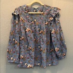 Entro Blue and Orange Ruffled Bib Collar Blouse